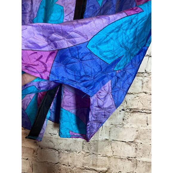 Vintage Bernini Top Womens 14 Cobalt & Purple Leaf Print Satin Button Front 80s - Picture 2 of 15